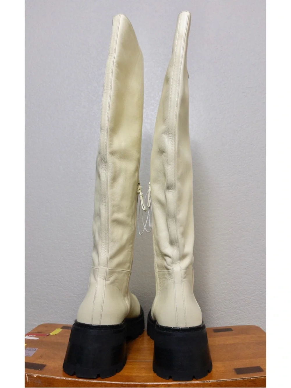 NWT By FAR Russel Lamb Leather Knee High Boot Ivory Chunky Lug Platform Size 38